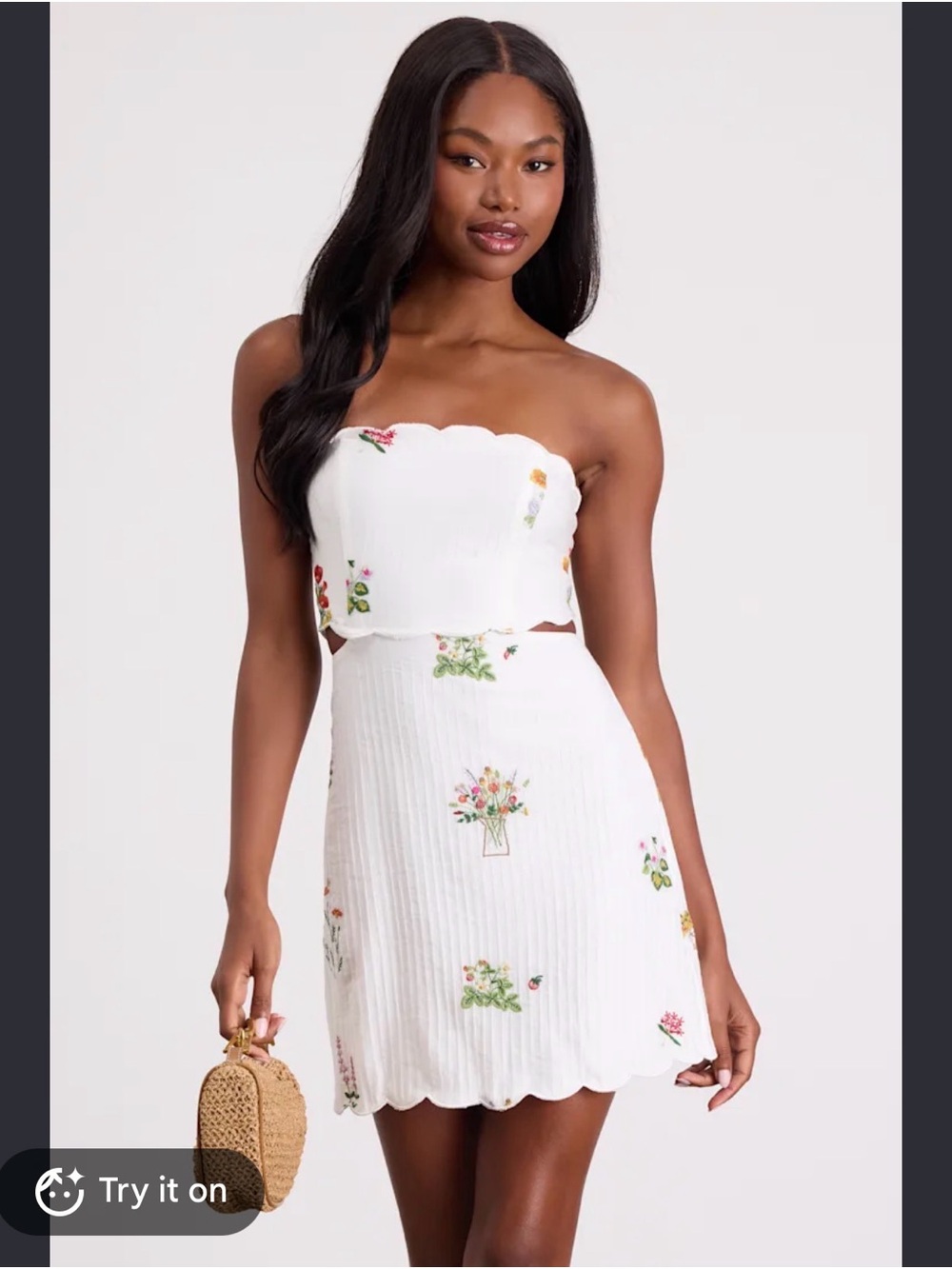 Lulu's White Strapless Scallop Dress with Multicolor Floral Embroidery